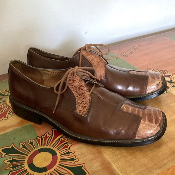 Moretti Collezione Italia Men's Leather Lace-up Dress Shoes, Size 10, Brown Croc - Picture 1 of 16